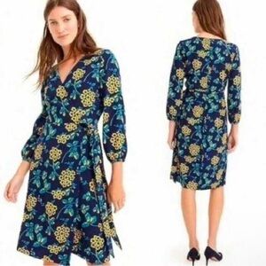 J. Crew Blue Yellow Golden Floral Wrap Dress Belted 365 Crepe Women Size 10